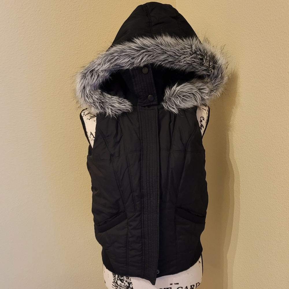 Calvin Klein Black Puffer Vest with Faux Fur Trim